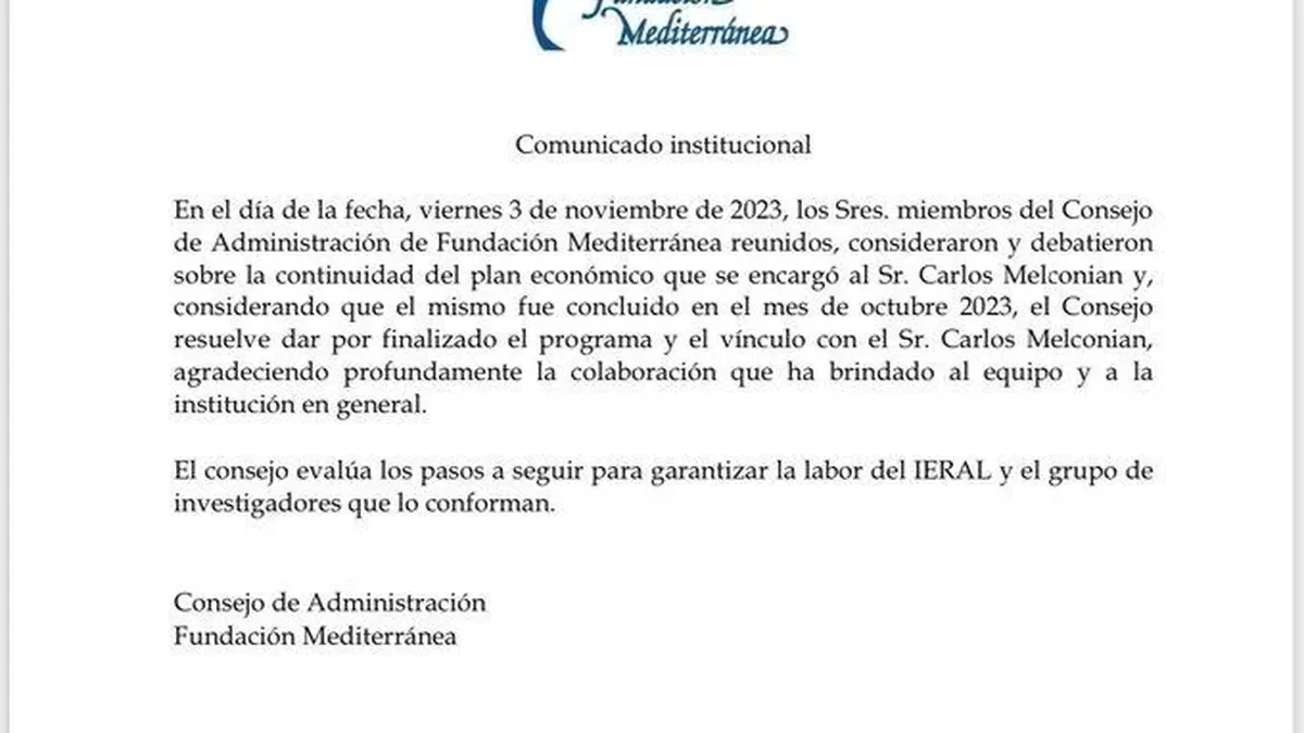 La Fundación Mediterránea no le renovó el contrato a Melconian y su equipo