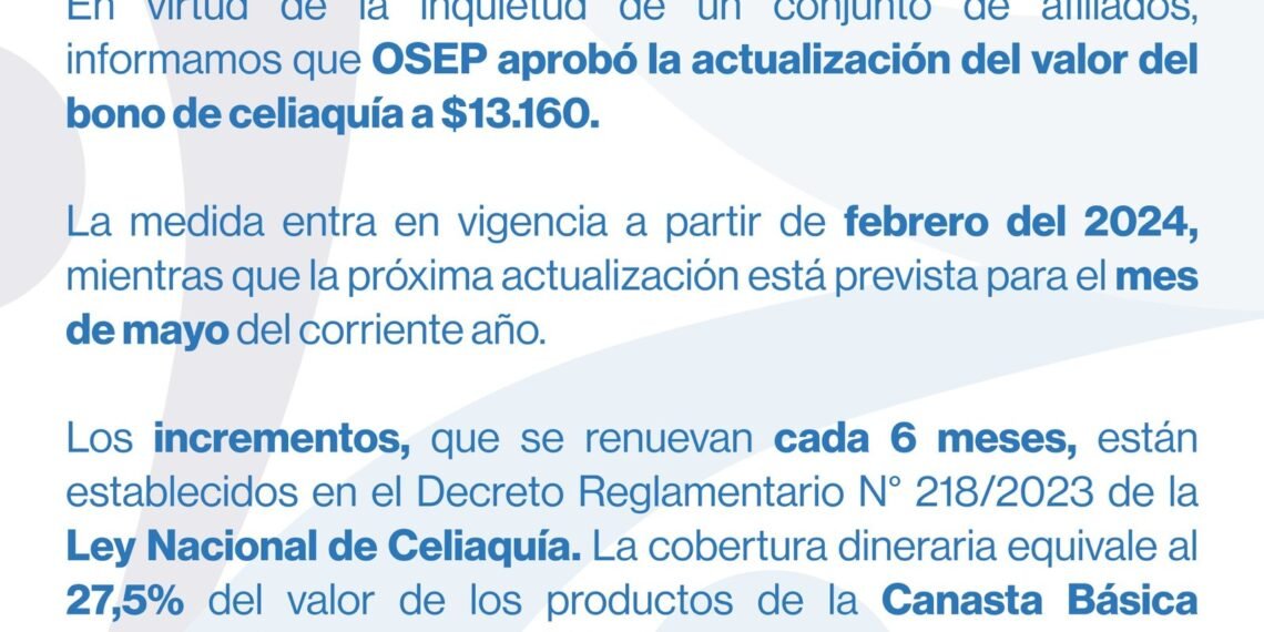 OSEP actualizó el valor del bono de celiaquía