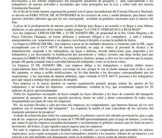 Comunicado de la UTA contra Chanquia y Mogetta: “obligan a los compañeros a salir a trabajar”